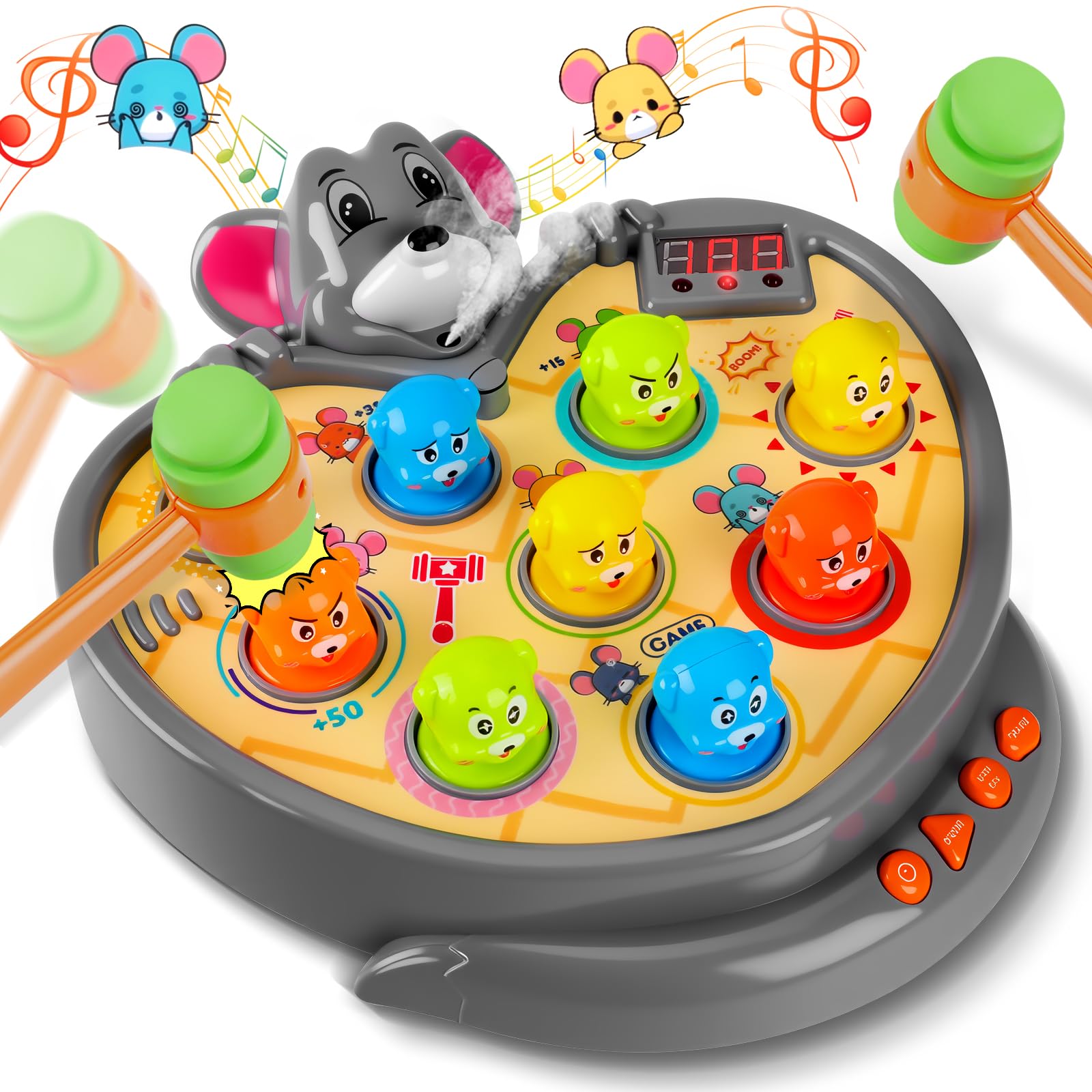 YOOHBERRYS Jeu de Taupe, Jeu de Marteau pour Enfants, Marteler des Jouets, Jouet de Whack avec 5 Modes, 9 Morceaux de Musique, 2 Marteaux, Jeux Montessori pour Les Bébés de 3-6 Ans
