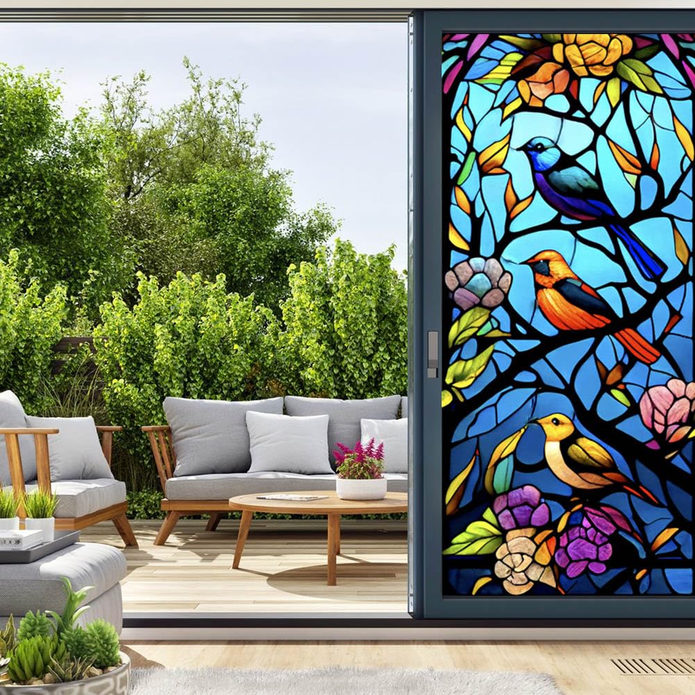 Stained Glass Window Film Privacy Frosted Window Film Self Adhesive Hummingbird Window Privacy Film Decorative Window Stickers Static Cling UV