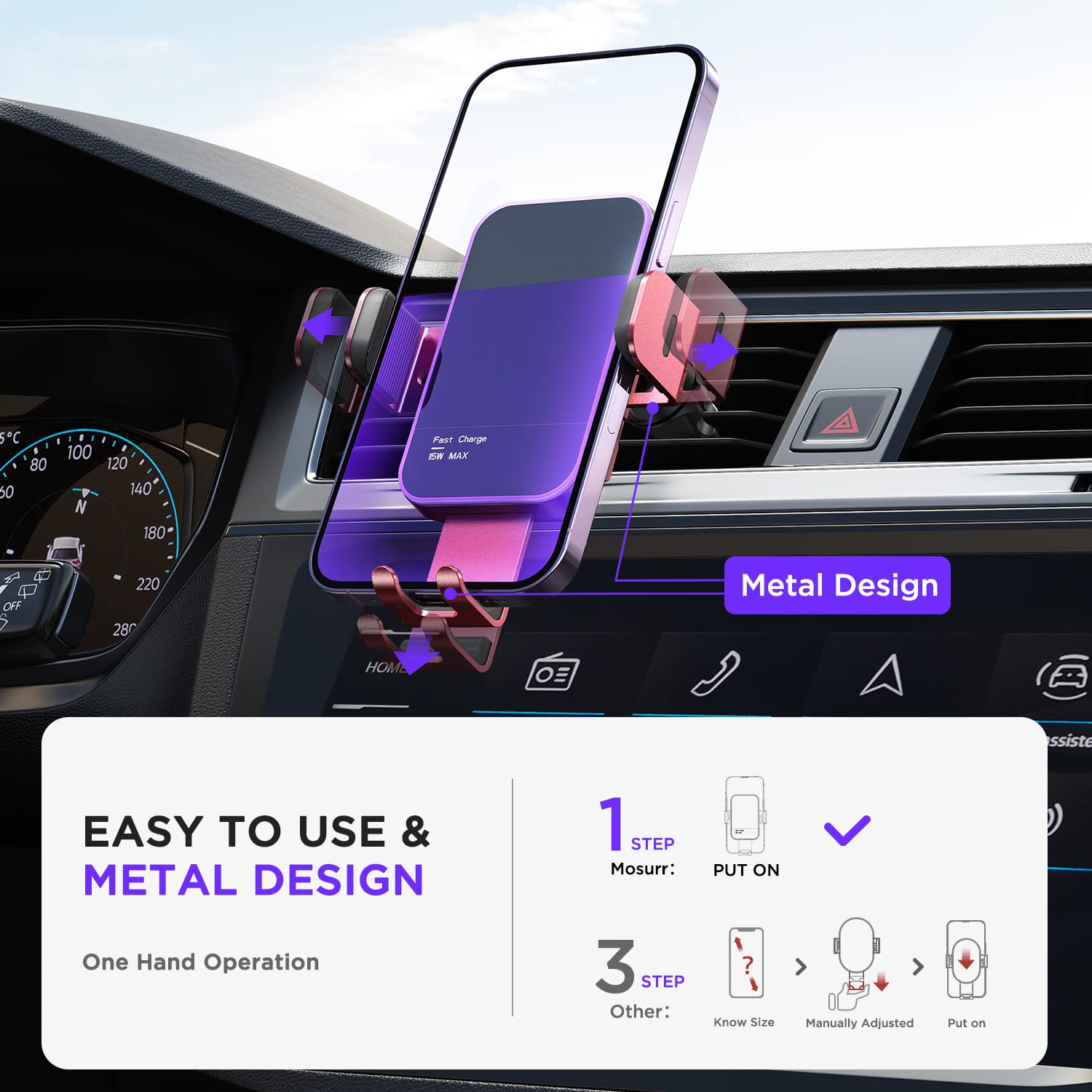 Bezprzewodowa ładowarka samochodowa, 7 kolorowych podświetleń RGB: Mosurr 15 W Auto zacisk ładowarka samochodowa uchwyt do telefonu pasuje do iPhone'a 15 14 13 12 Mini Pro Max 11 XR XS, Samsung Galaxy