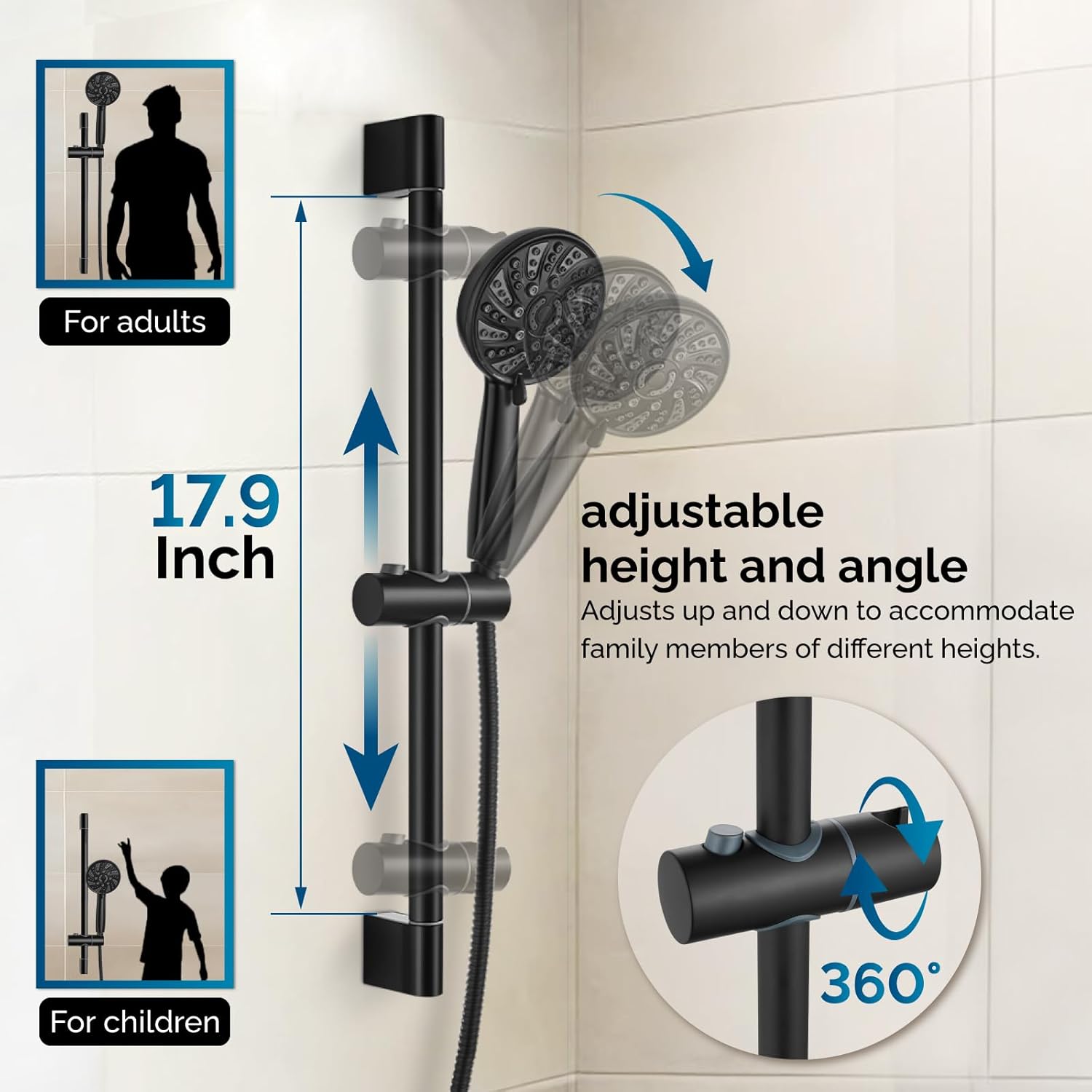 gotonovo Slide Bar Shower System Round High Pressure Showerhead and 6-Spray Handheld Combo Shower Faucets Sets Complete Wall Mount Shower Valve and Trim Kit, 12 Inch, Matte Black