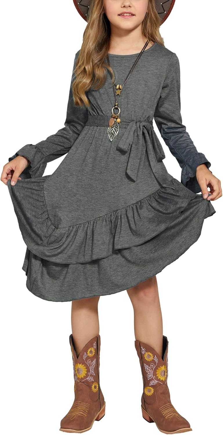 Arshiner - Brandclub - Arshiner Girls Fall Dresses Cute Long Sleeve Ruffle Casual Swing Midi Dress with Belt for 5-14 Years Gray Arshiner - Brandclub - Arshiner Girls Fall Dresses Cute Long Sleeve Ruffle Casual Swing Midi Dress with Belt for 5-14 Years Gray