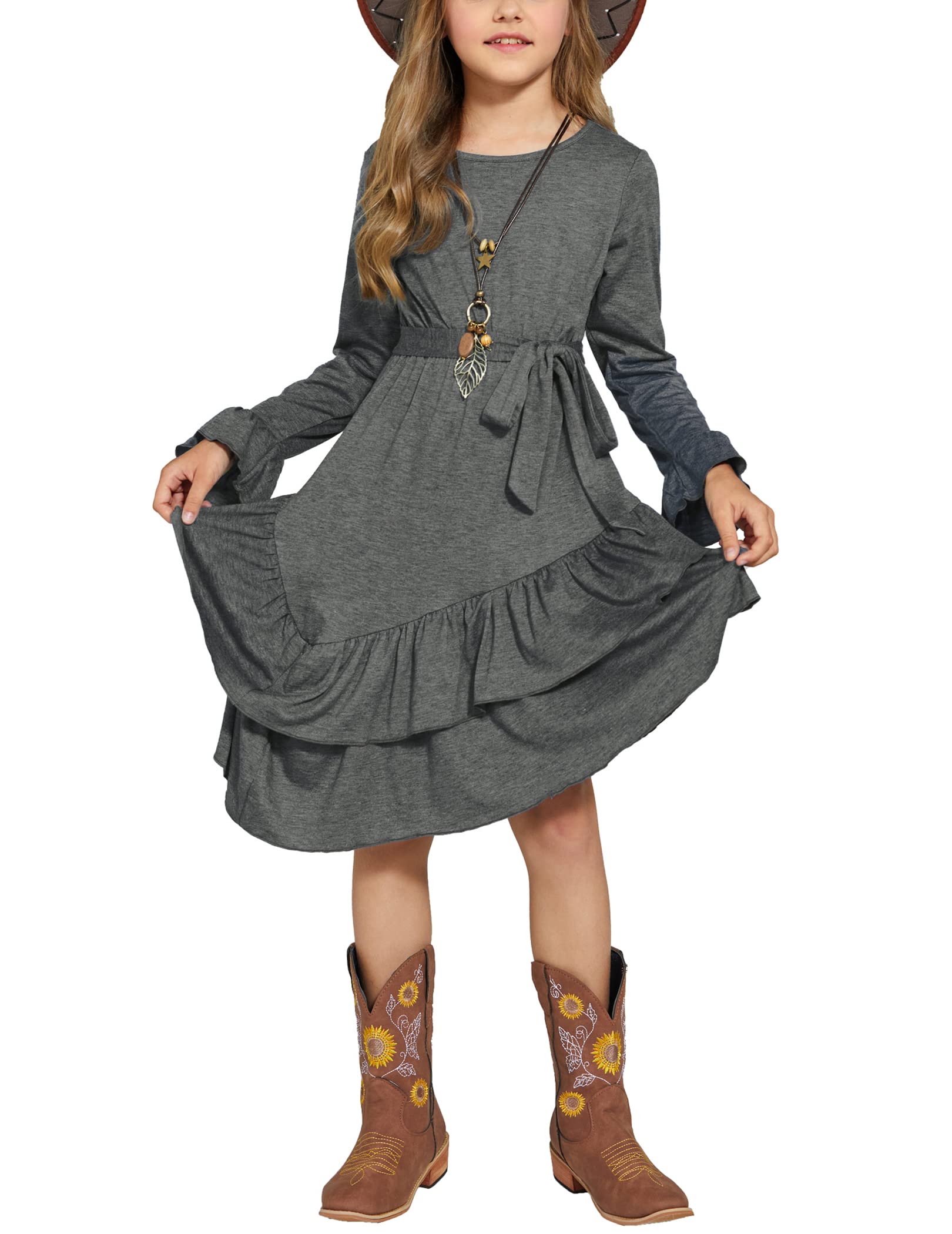 Arshiner Girls Dresses Loose Plain Casual Ruffle Swing Midi Dress with Belt for 5-14 Years