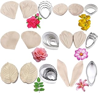 12set Gum Paste Flower Tools Kit- Flower Silicone Veining Mold and Stainless Steel Flower Cutter Fondant Cookie Flower Sug...