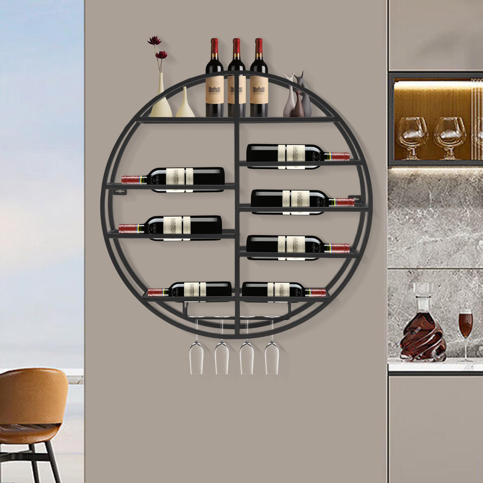 Headery Wall Mounted Wine Rack Metal Round Wine Shelf with Glass Holder, Modern Floating Wine Bottle Organizer Wine Display Rack for Home Bar Kitchen,23.62 * 4.33in (Black)