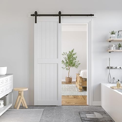 Miniatura 2 de SmartStandard Puerta corrediza de MDF de 26 x 84 pulgadas, revestimiento de PVC impermeable, solo puerta interior, marco en H