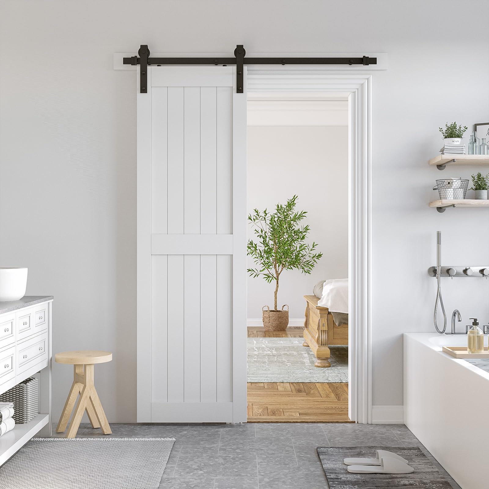 SmartStandard 18 x 84 inch White Barn Door Slab MDF Non-Bending Sliding Closet Door, Waterproof PVC Coating, Interior Single Door Only, H-Frame (Sliding Bard Door Mounting Hardware Sold Seperately.)