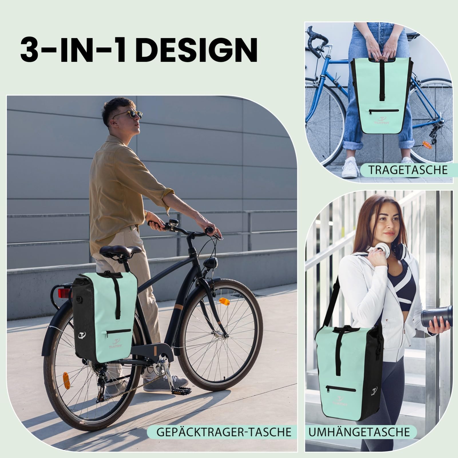 Fahrradtaschen für Gepäckträger mit Herausnehmbarer Kühltasche, 3 in 1 Wasserdicht Fahrradtasche, Umhängetasche & Tragetasche für Pendeln, Reisen (22-28 L)
