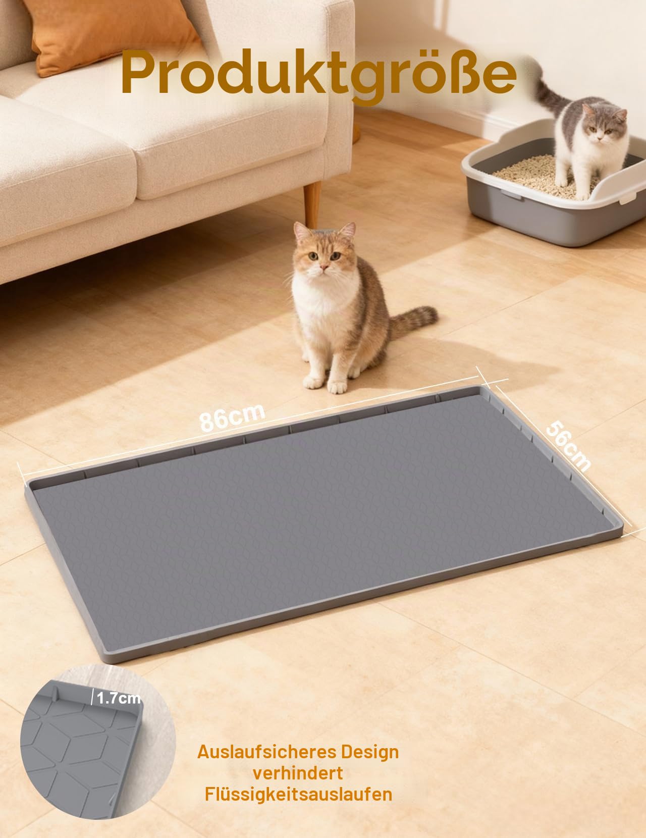 Katzenklo Matte Groß 86x56cm – Silikon Katzenstreumatte Wasserdicht mit Erhöhtem Rand, Rutschfest & Schwer, Leicht zu Reinigen, Katzenklo Unterlage für Streu & Futterbereich Grau
