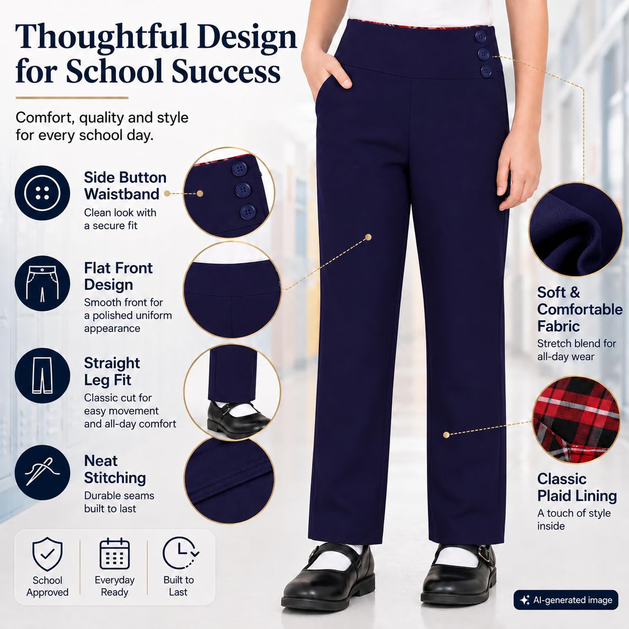 Bienzoe Chicas Escolar Uniforme Pantalones: Niñas Ajustable Cintura Duradero Pierna Recta Vestido Pantalones, Marina, 5