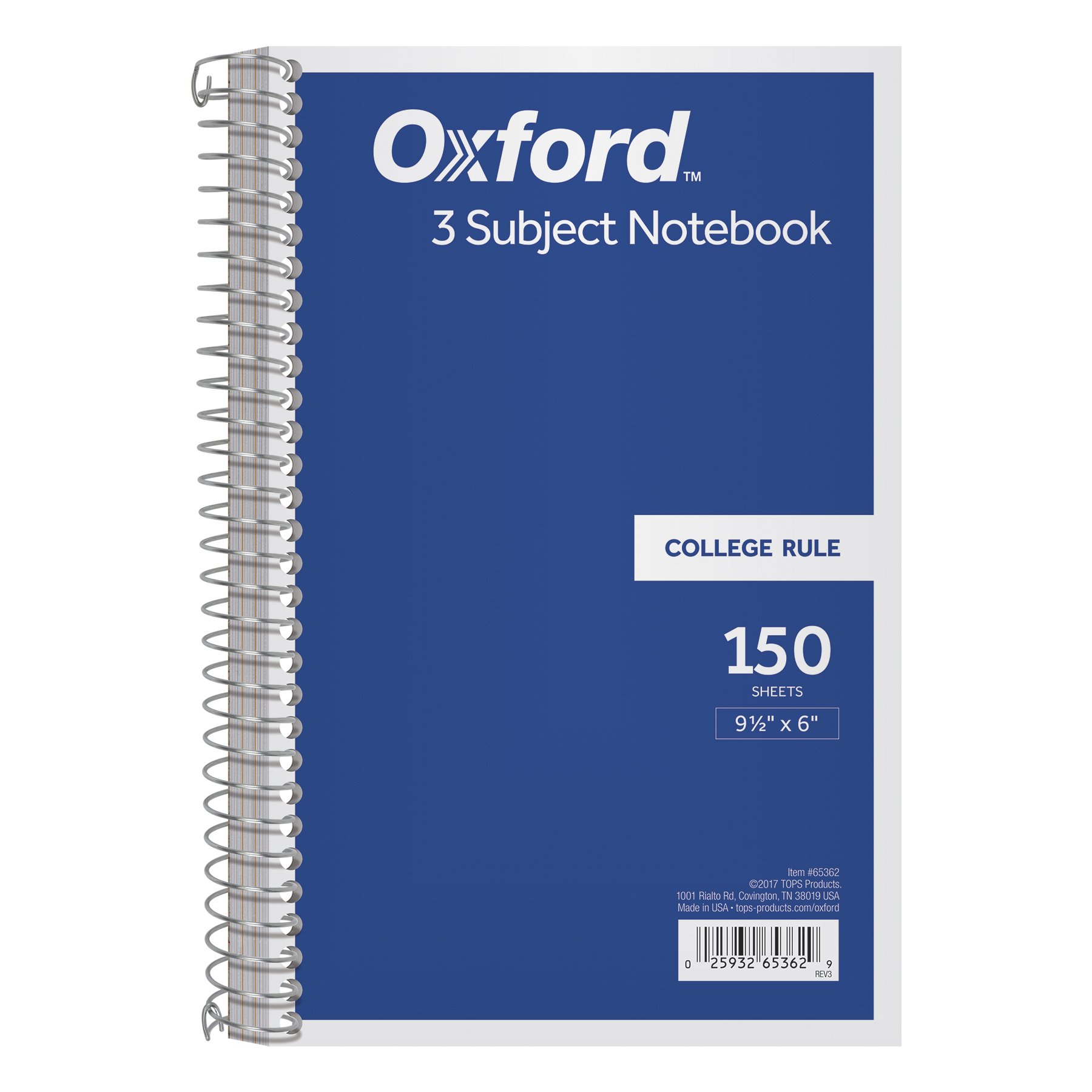 Oxford 3-Subject Notebook, 6" x 9-1/2"; College Rule, 150 Sheets, 2 Dividers, Assorted Colors, 1 Notebook (65362)