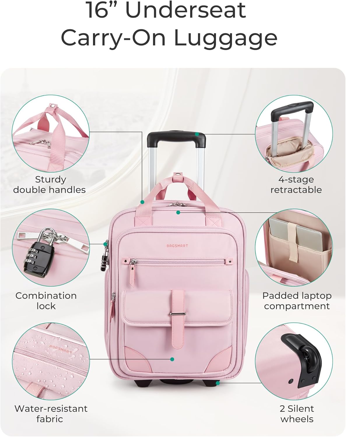 BAGSMART Carry on Luggage with Wheels, 16-inch Underseat Travel Suitcase Airline approved, Lightweight Softside Carry-on Luggage for Airplanes Women Overnight Rolling Bags for Short Trip, Baby Pink