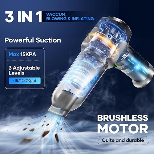 Miniatura 2 de Mini aspiradora, 3 en 1 aspiradora de coche de alta potencia, 15000 PA potente succión, plumero de aire, 7500 mAh, filtro doble, ajustable, pequeño