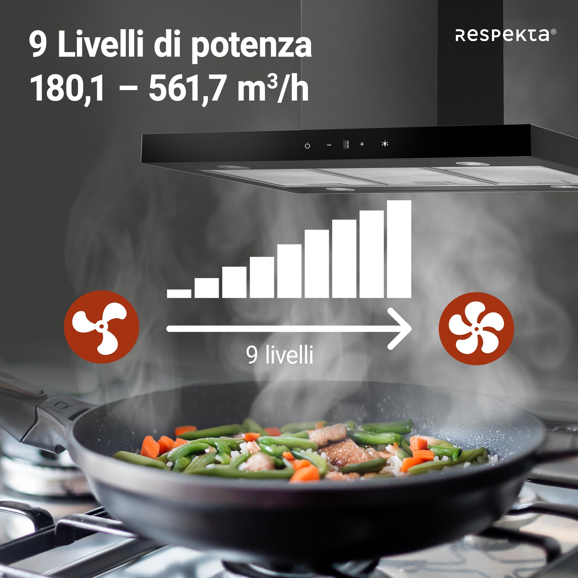 Cappa aspirante a isola, 90 cm, nero opaco, Touch Control Respekta