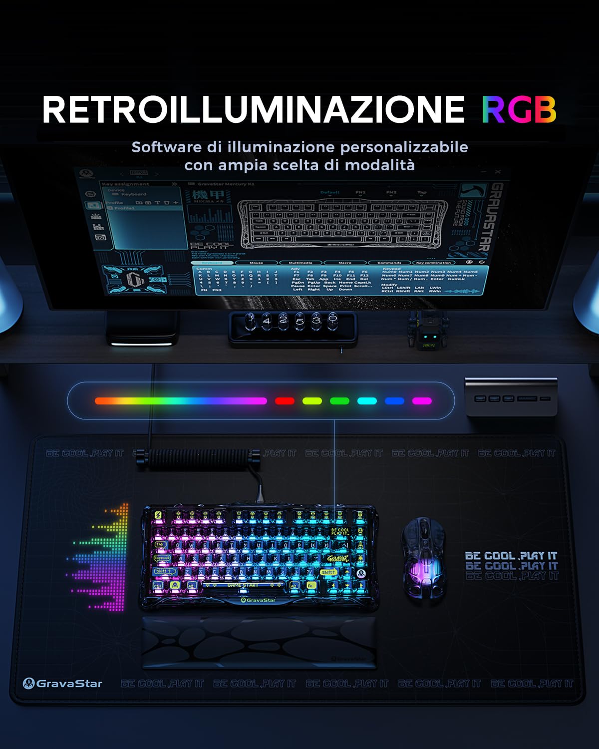 GravaStar Mercury K1 Lite Tastiera Meccanica da Gioco con BT5.0/2.4G/USB-C, Gasket Hot Swappable Wireless Gaming Keyboard con Retroilluminazione RGB, 75% Layout QWERTY Tastiera senza fili per Win/Mac