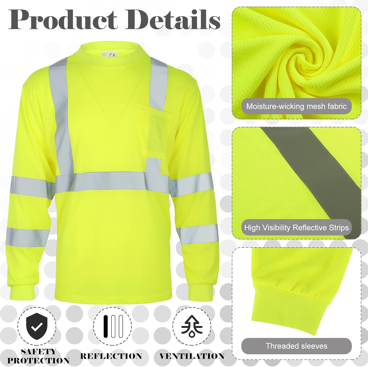 Amylove 4 Pcs Long Sleeve Safety Shirt High Visibility Reflective Construction Work Shirts for Men Women(XXL,Yellow) - Image 3