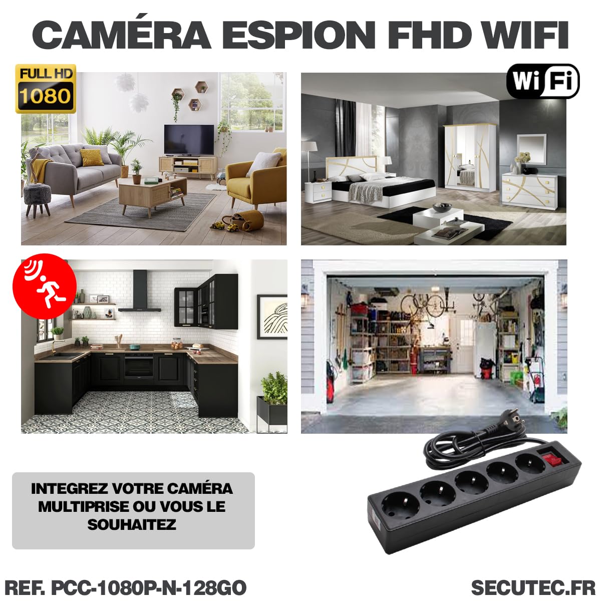 Multiprise Noire Caméra Cachée HD 1080P WiFi Vision Détection de Mouvement Écoute à Distance Mémoire 128Go Incluse