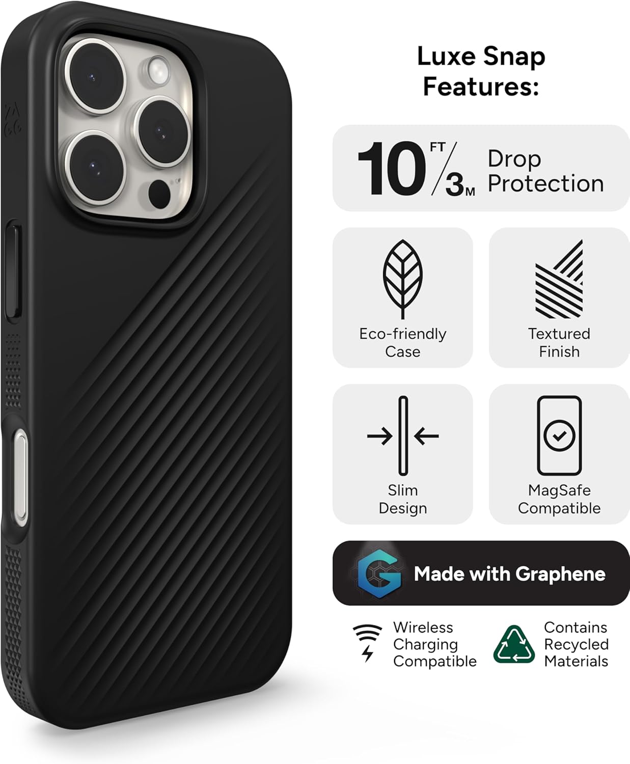 ZAGG Luxe Snap Case for iPhone 16 Pro - MagSafe Wireless Charging, 10ft Drop Protection, Eco-Friendly, Graphene Reinforced, Ripple Design, Black - Image 3