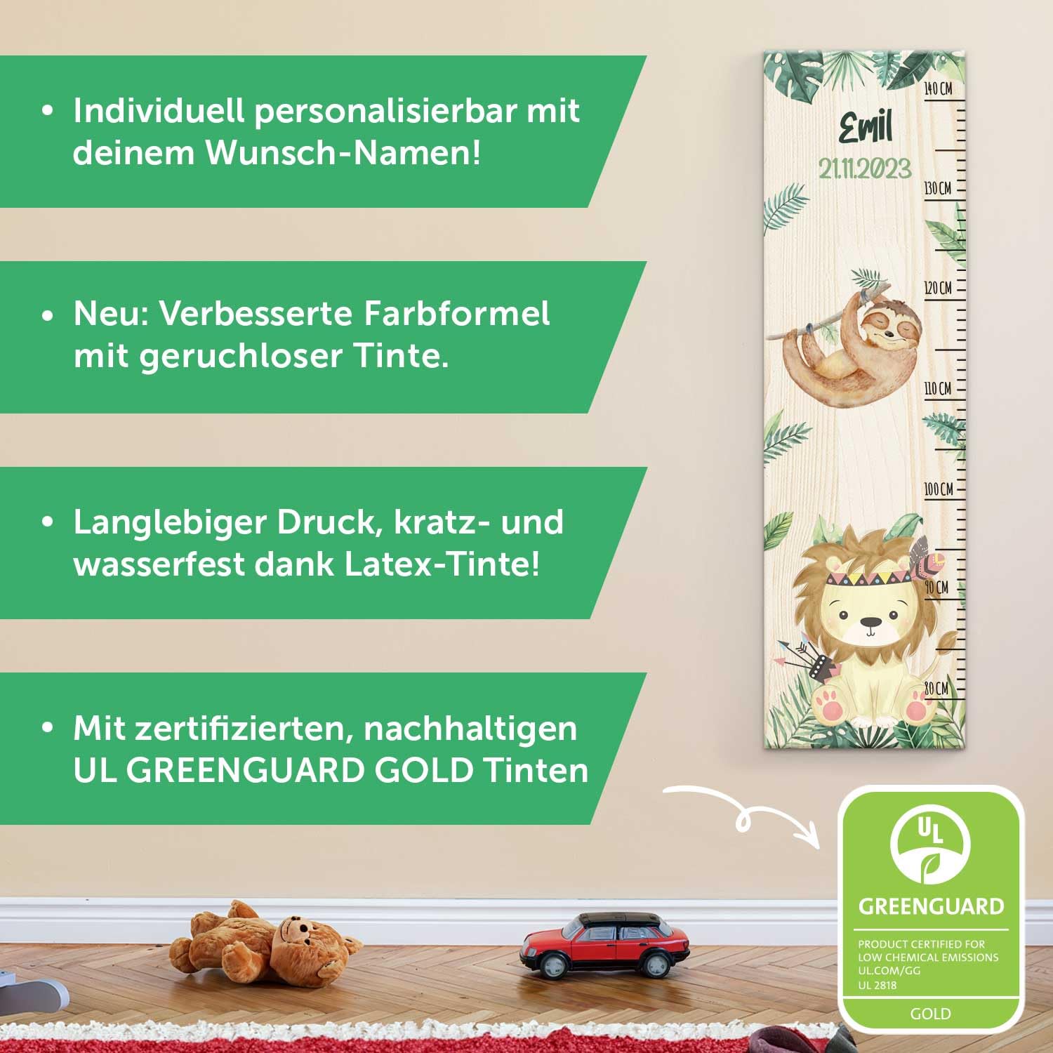 GRAVURZEILE Messlatte für Kinder aus Holz - Dschungel Design - mit Namen für Kinderzimmer - Skala misst 80-140 cm - Größe 20 x 70 x 2 cm - Geschenk zur Geburt für Mädchen & Jungen