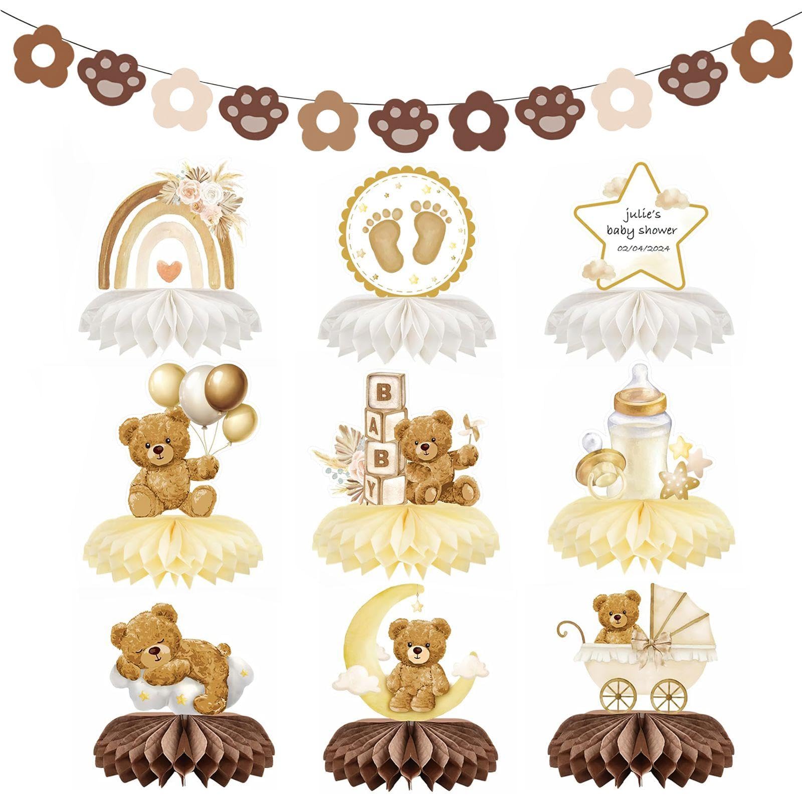 HINFHI 9 Pieces Bear Theme Ornaments And 1 Piece Flower Bear Claw Banner, Creative Cartoon Ornaments, Party Scene Arrangement.