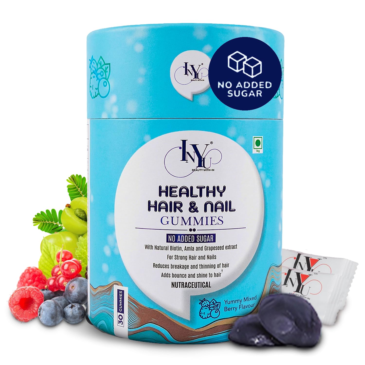 INYU Biotin Hair Gummies for Stronger, Shinier Hair & Nails — 30 Days Pack | No Added Sugar | Gummies with Amla & Grapeseed Extract | Reduces Hair Fall & Strengthens Nails | Mixed Berry Flavor | for Men & Women