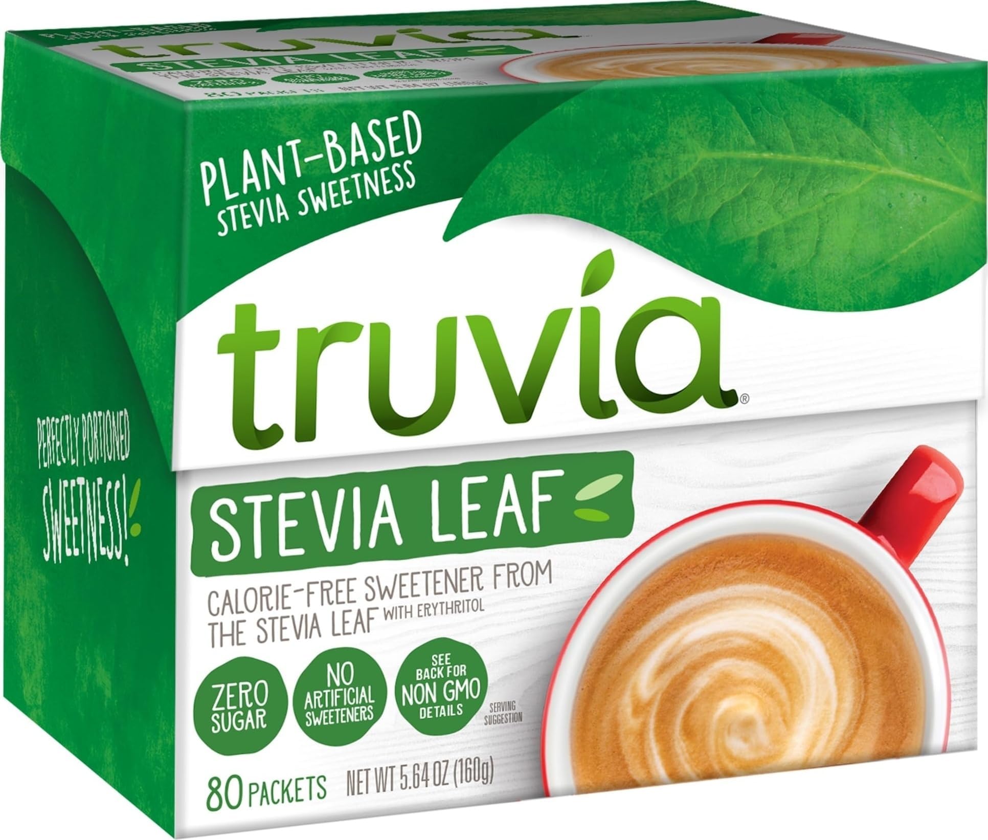 Truvia, Sweetener Natural No Calorie, 80 Count | 80 packets; stevia & erythritol; 1 packet = 2 tsp sugar; non-GMO, gluten-free, kosher; coffee, tea & yogurt