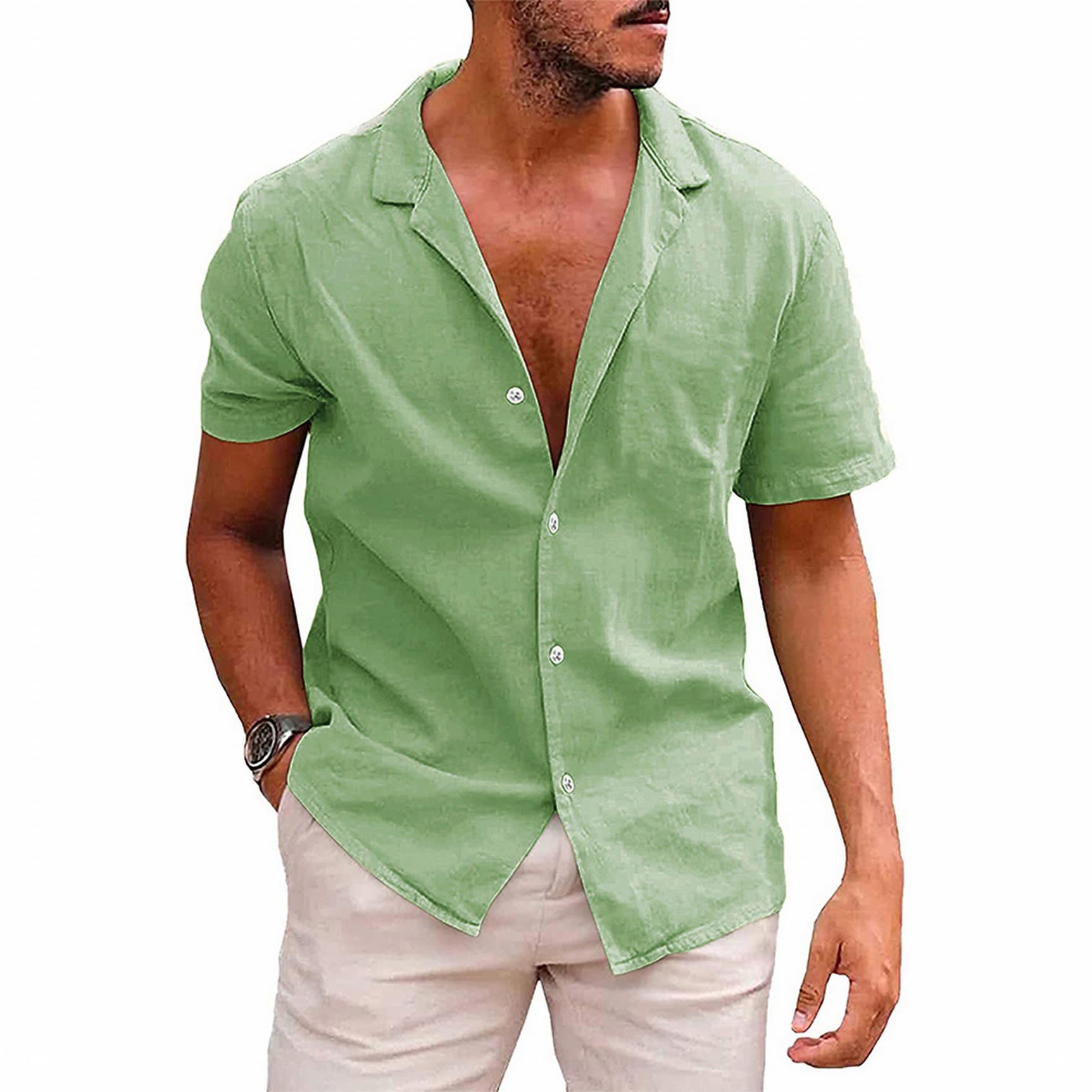 MSIYOW Camisa Lino Manga Corta Hombre Camisa de Verano Casual Shirt con Botones Camiseta Informal Ajuste Regular