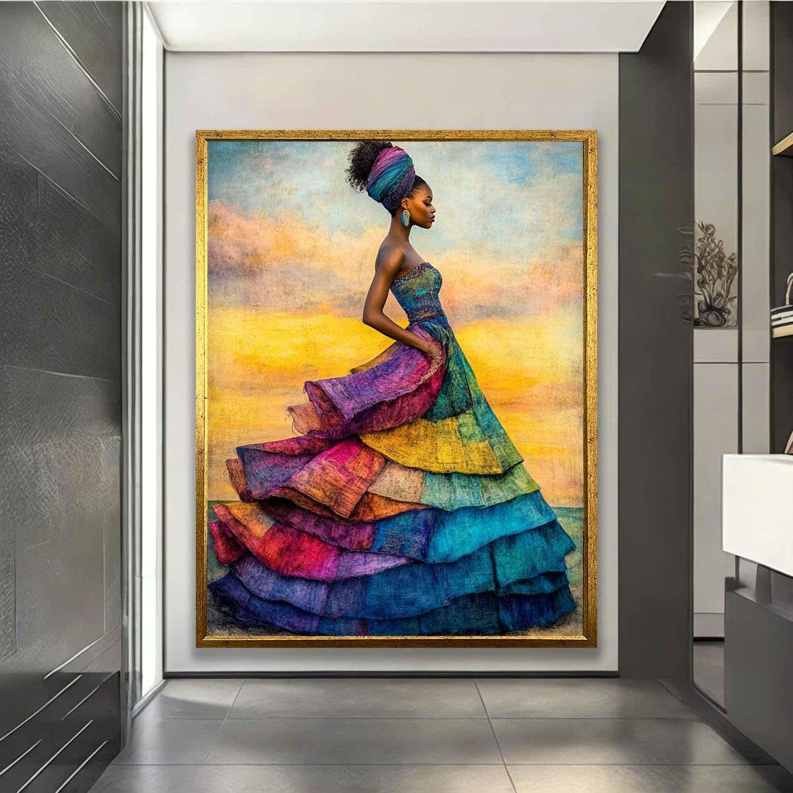 LMYCHENG Druk artystyczny afrykańskiej kobiety, obraz na płótnie czarnej kobiety, dekoracja ścienna w stylu bohemy, portret kobiety w kolorowej sukience (80 x 120 cm/rama wewnętrzna)