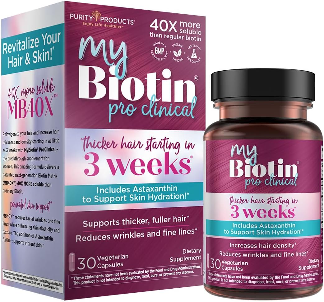 Purity Products MyBiotin ProClinical – Thicker Hair Starting in 3 Weeks & Fights Wrinkles - MB40X Patented Biotin Vitamin B7 Matrix w/Astaxanthin - 40X More Soluble vs Ordinary Biotin, 30 Veg Capsules