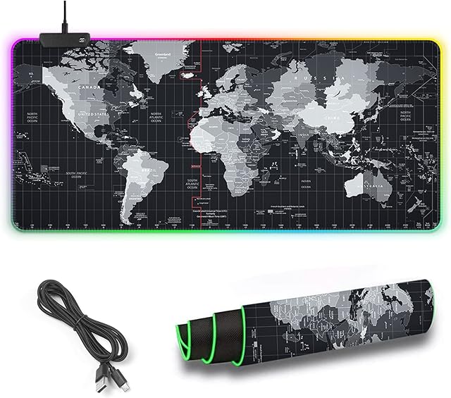iCasso Large RGB Gaming Mouse Mat Pad, 900x400mm 13 Modes Glowing Led Extended RGB Mouse Pad, Anti-Slip Rubber Base and Waterproof Surface Keyboard Mat Mousepad (XXL - World Map)