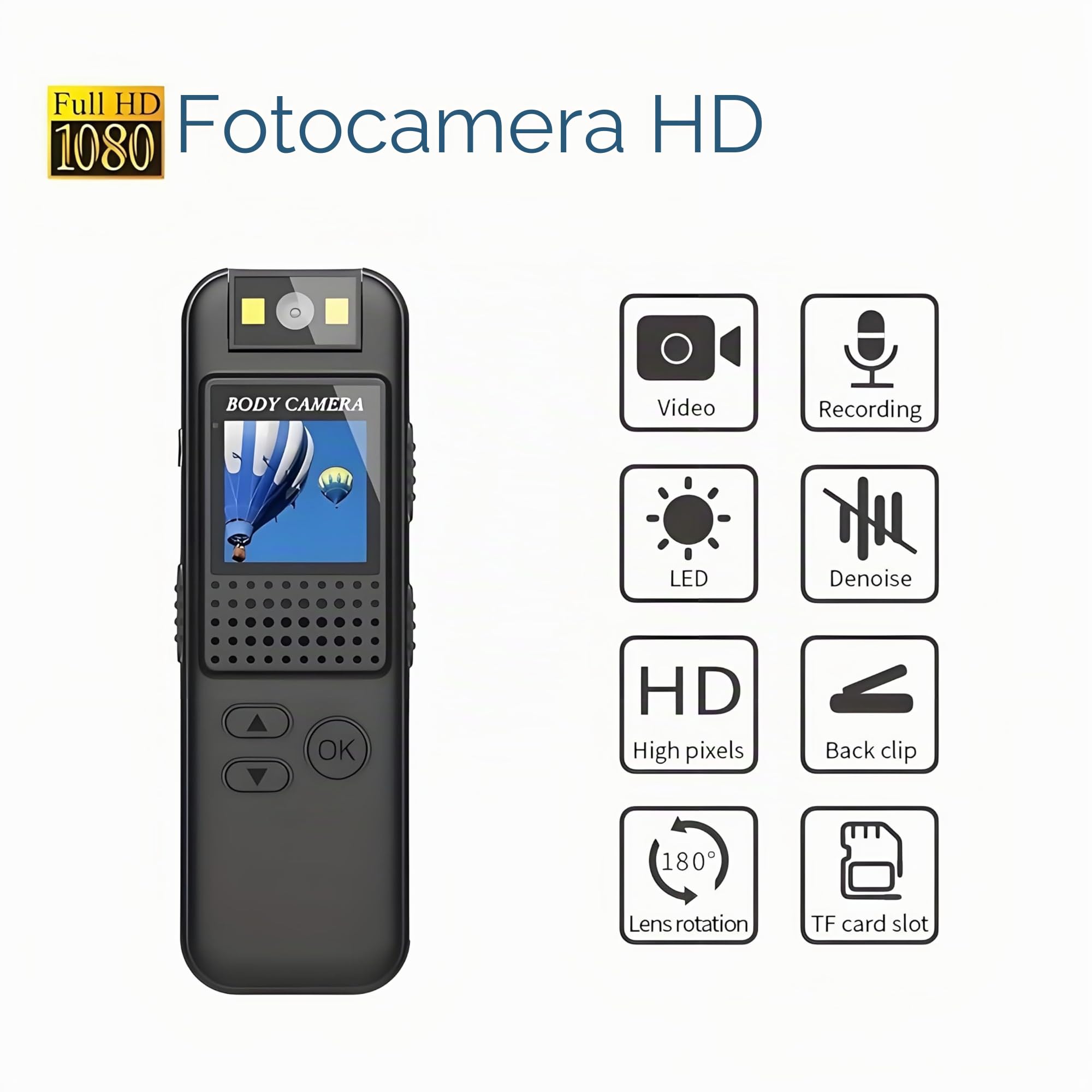 Mini fotocamera portatile da 1080P, con clip magnetica, obiettivo girevole a 180°, 128 GB fino a 7 ore, registrazione e luce LED per riunioni e bici all'aperto