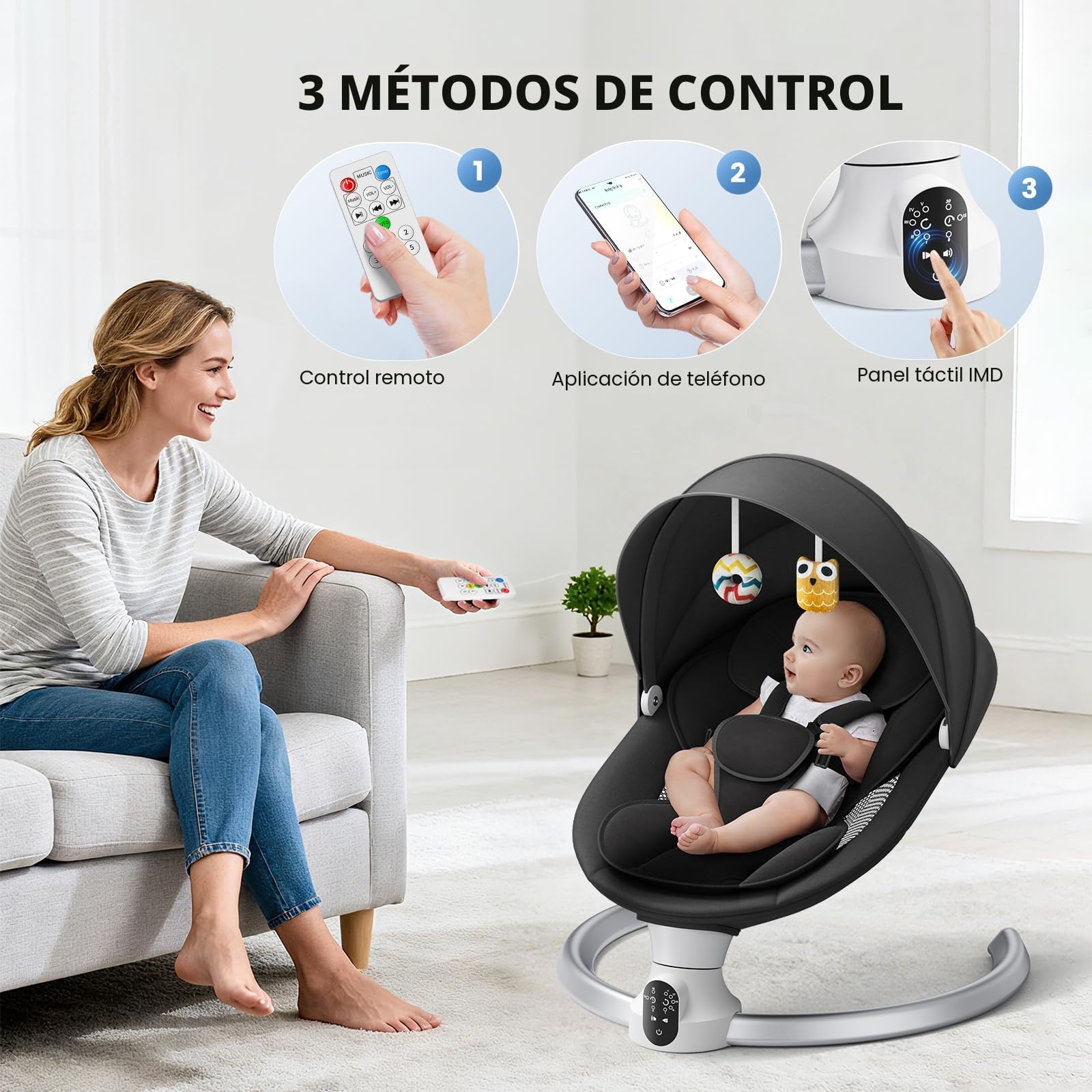 Hamacas Bebé Electrica - APP & Control Remoto Baby Bouncer, Hamaca Bebe Acolchado Suave con 3 Temporizadores, 5 Velocidades de Columpio, 10 Músicas, Mecedora Bebe Bluetooth (APP Negro)