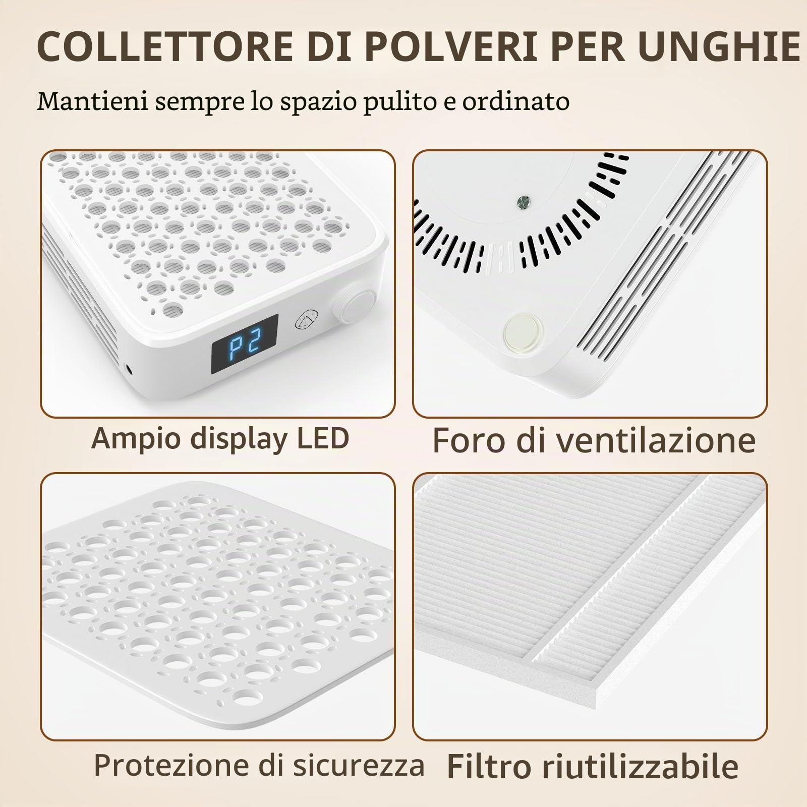 ZIZZON Aspirapolvere compatto per principianti con filtro riutilizzabile, potente strumento per manicure e pedicure per unghie acriliche, uso domestico o salone