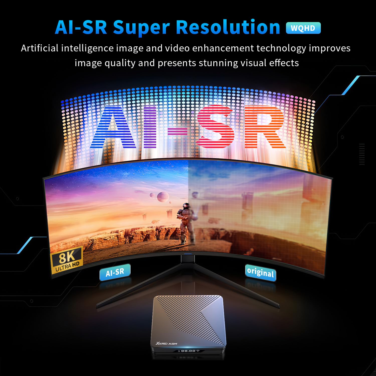 Android TV Box,X5M Android 14.0, 2 GB RAM, 16 GB ROM S905X5M 2,0 GHz, 64-bit, czterordzeniowy Cortex-A55, Mali-G310, obsługuje 2,4/5,0 GHz, WIFI6, BT5.0 1080P, 8K HDR10+ 1000M Ethernet HDMI