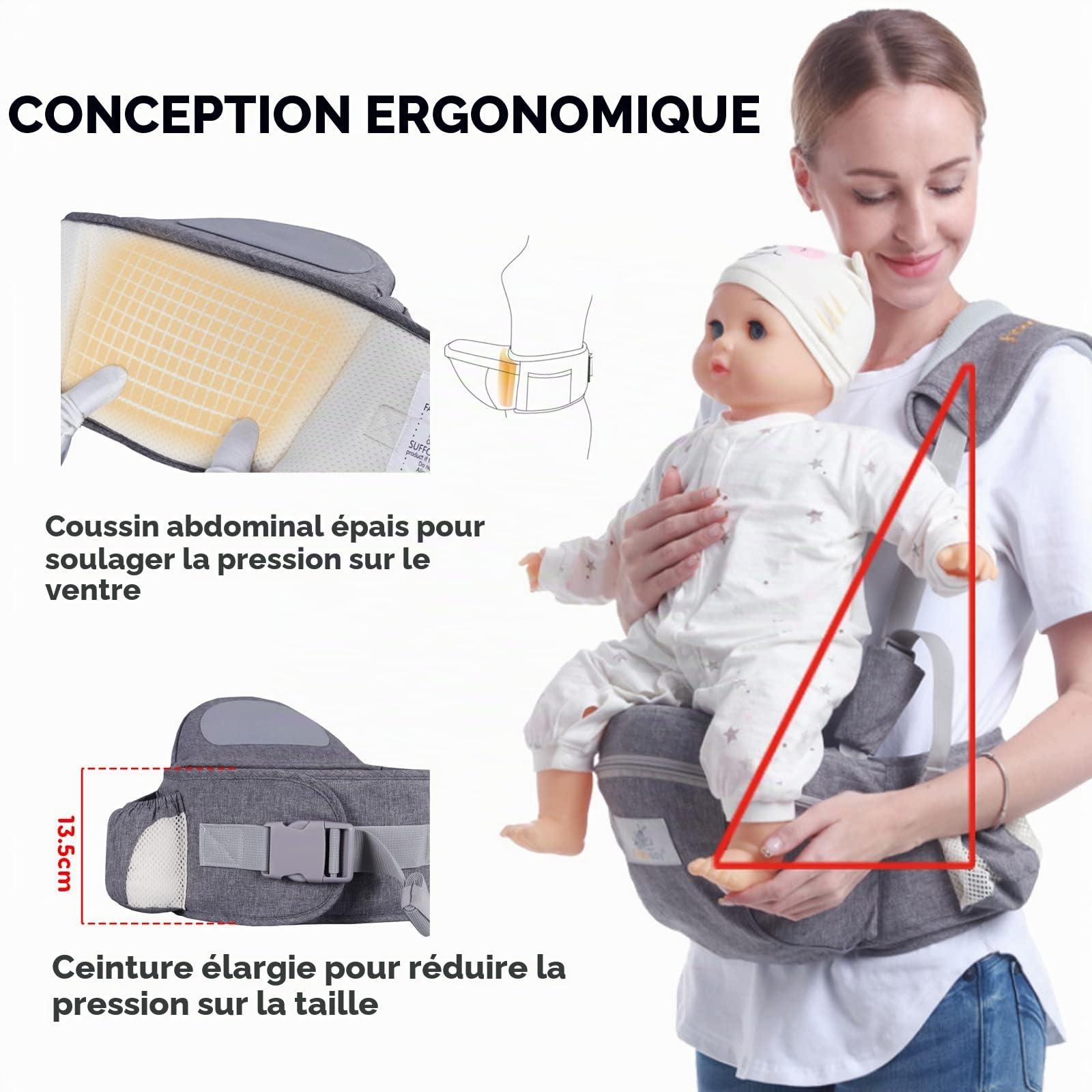 SONARIN Multifonctionnel Porte-bébé Siège de Hanche,Ergonomique Porte bébé Ventral Tabouret de Taille avec Ceinture de Sécurité & Bandoulière pour Nouveau-né Tout-Petit 0-24 Mois(Gris)