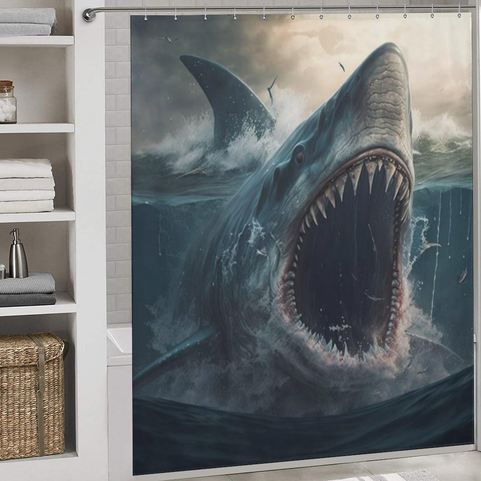 Rideau de douche requin anti-éclaboussures et textile imperméable lavable