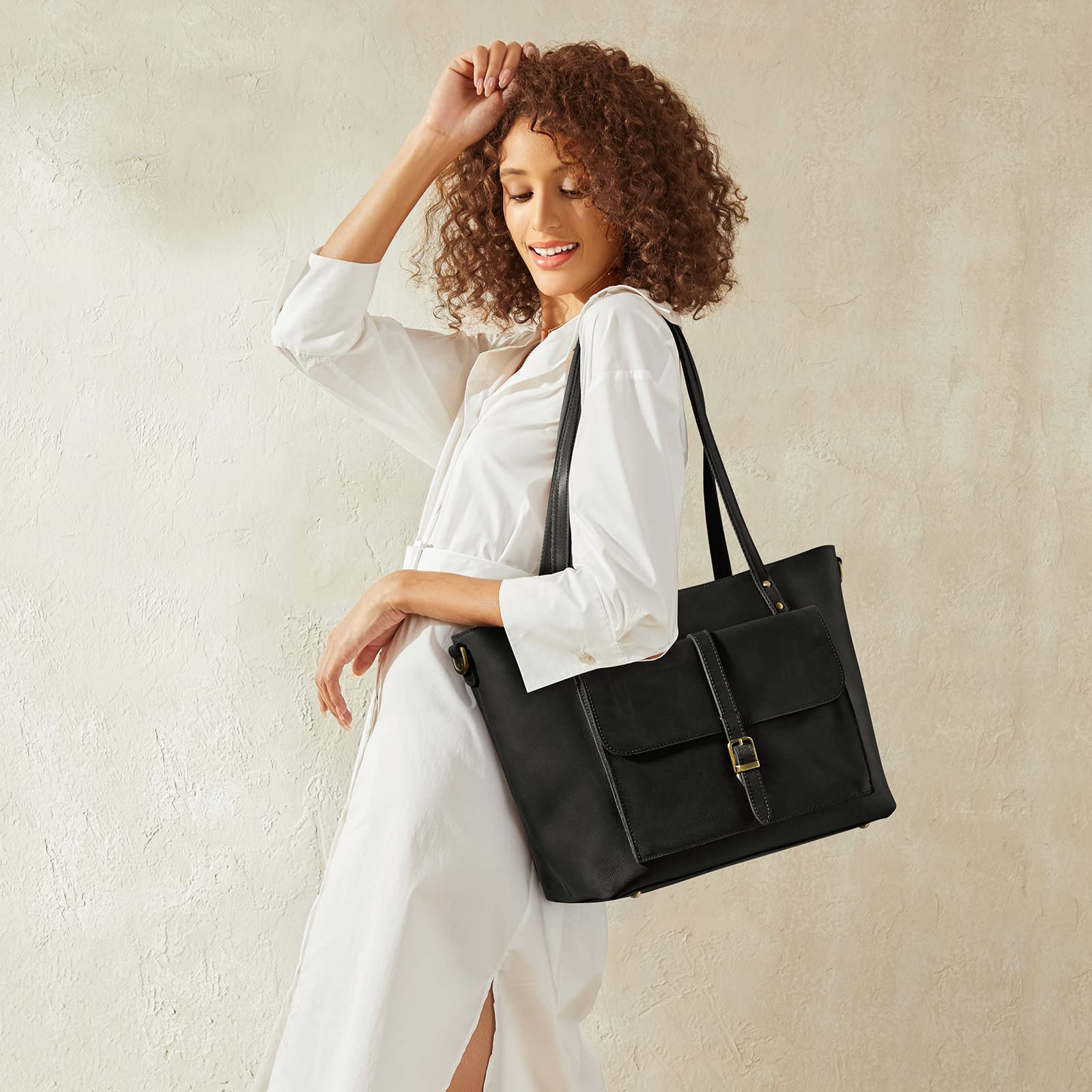 S-ZONE Bolso de mano de cuero genuino vintage para mujer, bolso de hombro grande, bolso de trabajo, Negro -, L, Clásico, vintage