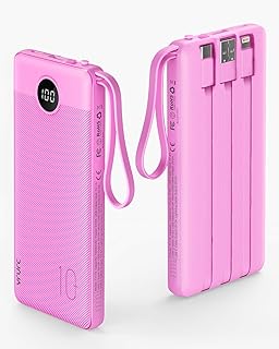Portable Charger 10000mAh,VRURC Slim LED Display Power Bank, 5 Output 2 Input Cell Phone Battery Pack, Built-in Micro & USB C Cables Phone Charger Compatible with iPhone,Samsung,Android etc-Rose Red
