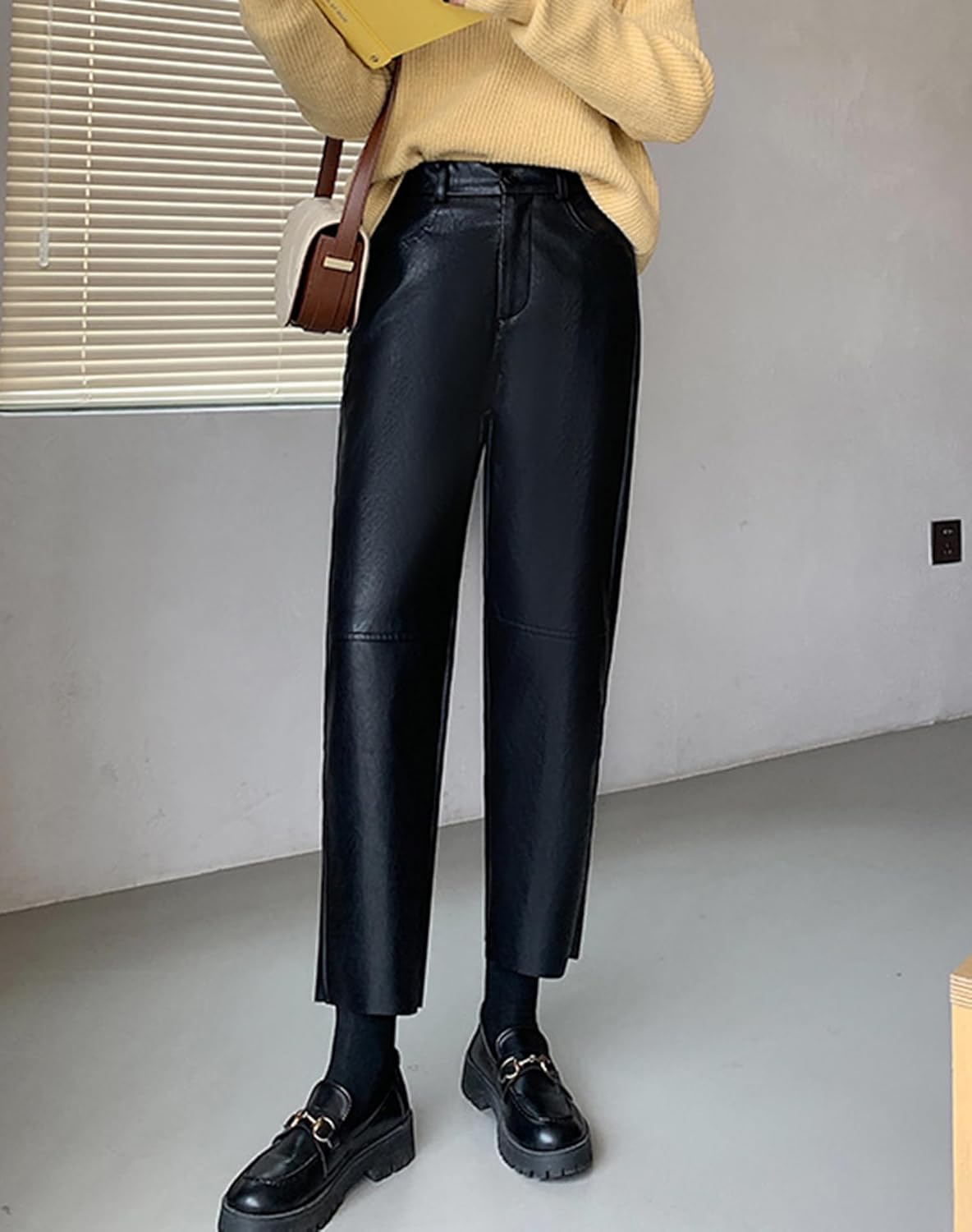 HaoMay Women's Faux Leather Pants Straight Leg High Waist Ankle Pleather Trousers - Image 4