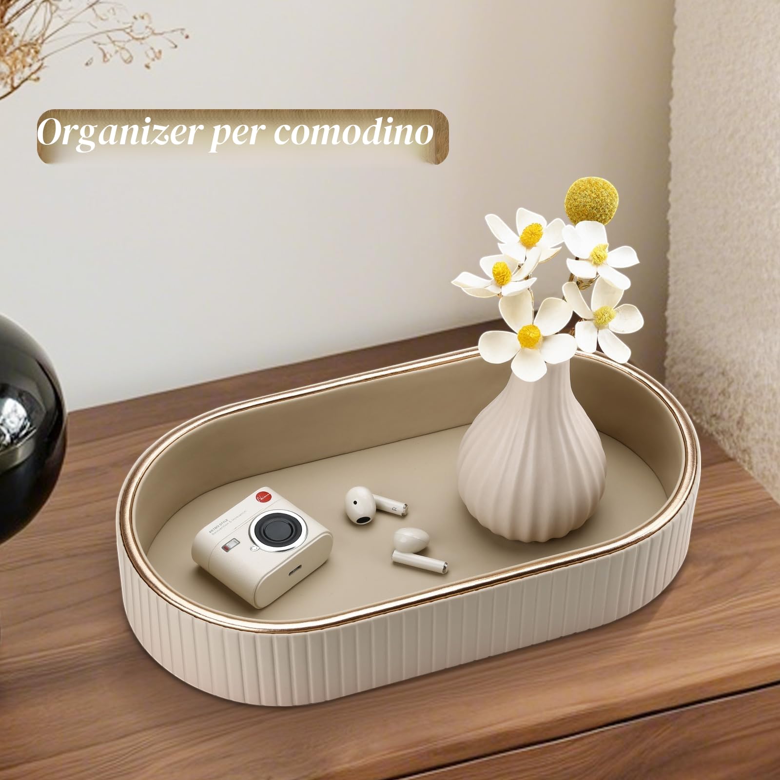 GORESE Vassoio da Bagno, Ovale Vassoio Decorativo in Pelle Vassoio Portaoggetti Vassoio per Profumi Svuotatasche Vassoio da Portata per Bagno,Cucina,Tavolo,Soggiorno,Camera da Letto(Beige)