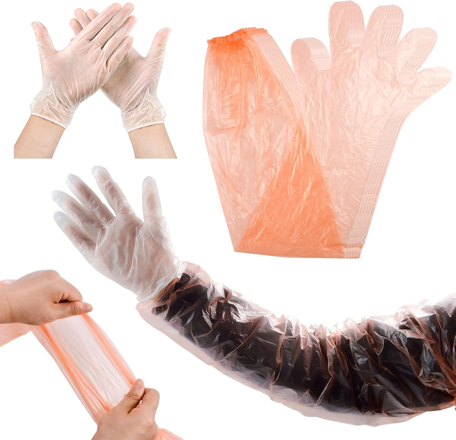 30 Pairs Field Dressing Gloves, Plastic Long Deer Cleaning Gloves, Hunting Deer Gutting Cleaning Gloves, Field Dressing Mittens with PVC Short Gutting Gloves Combo Pack for Gutting (Orange) : Sports & Outdoors
