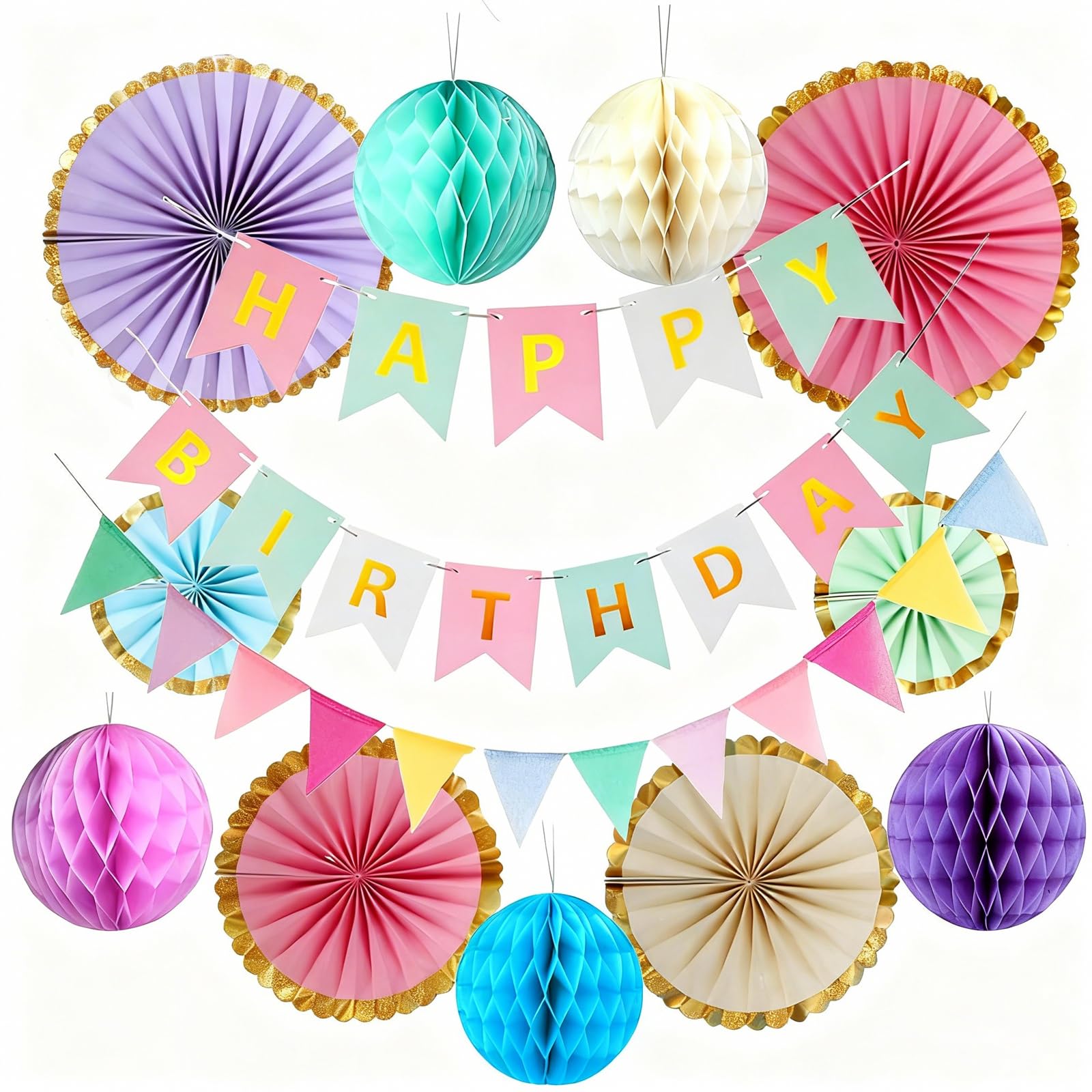 Acquwistach Girls Pastel Birthday Decorations, Reusable Party Decorations, 15Pcs Perfect Macaron Party Decorations For & Women With Happy Birthday Banner Bunting Hanging Paper Fans