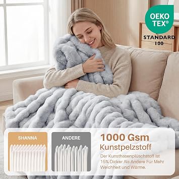 Cuddly Blanket Rabbit Plush Blanket Super Soft Blanket Thick 1000 g/m² Flannel Blanket Couch Blanket Warm Sofa Throw Versatile Blanket for Bed Sofa Bedroom Office Light Grey 100 x 160 cm