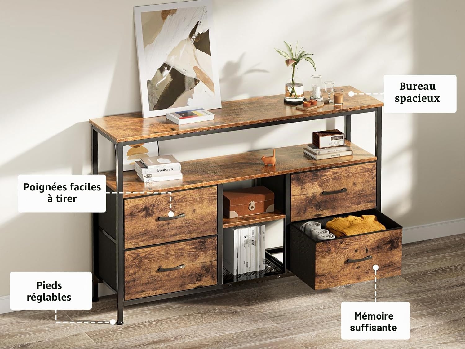 Armoire TV avec lumières LED - 108 x 30 x 78 cm - Meuble TV avec 4 tiroirs, 3 compartiments ouverts - Avec étagère en verre réglable - Pour salon, chambre à coucher - Marron - 108 x 30 x 78 cm