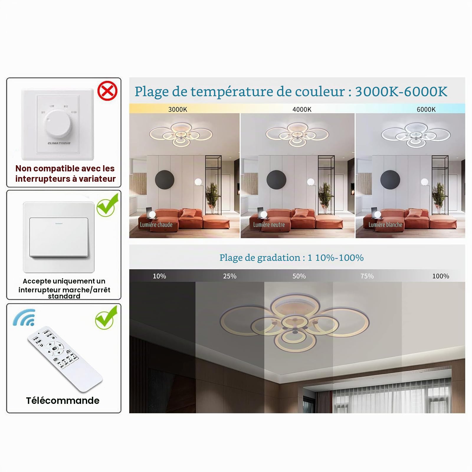 Ganeed Plafonnier LED Dimmable 100W Acrylique Télécommande 8 Anneaux
