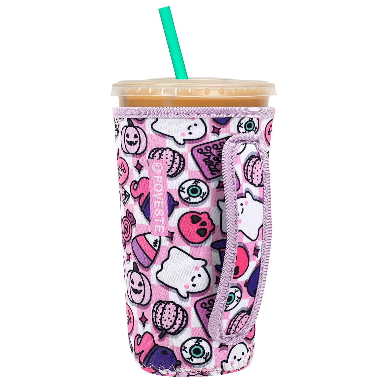 Reusable Neoprene Insulator Sleeve for Iced Coffee &amp; Cold Soda, Coffee Sleeves for Iced &amp; Hot Drinks, Cold Beverage Cooler Compatible with Starbucks, Dunkin (Checkerboard Halloween, Large: 32oz)