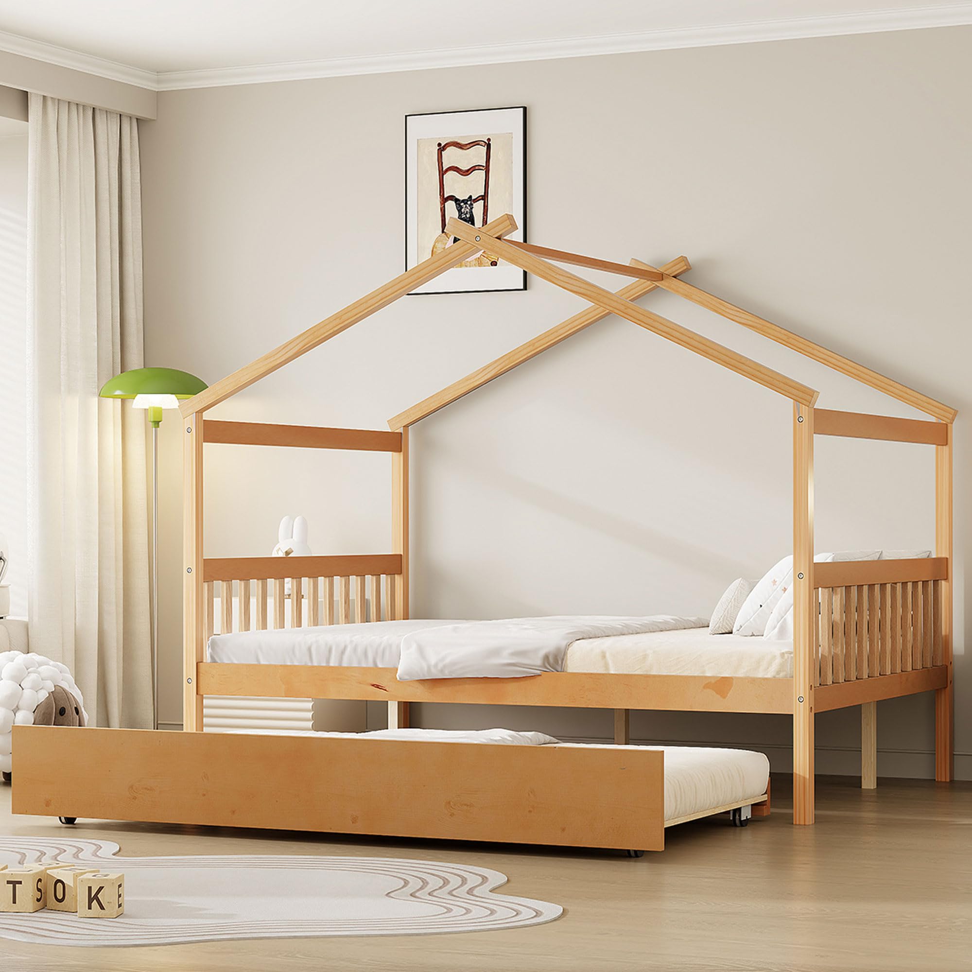 Full Size Creativity House Bed with Roof Frame and Twin Size Trundle, Montessori Wooden Platform Bed with Sturdy Slats Support for Kids Teens Girls Boys, No Box Spring Needed (Natural-02, Full)