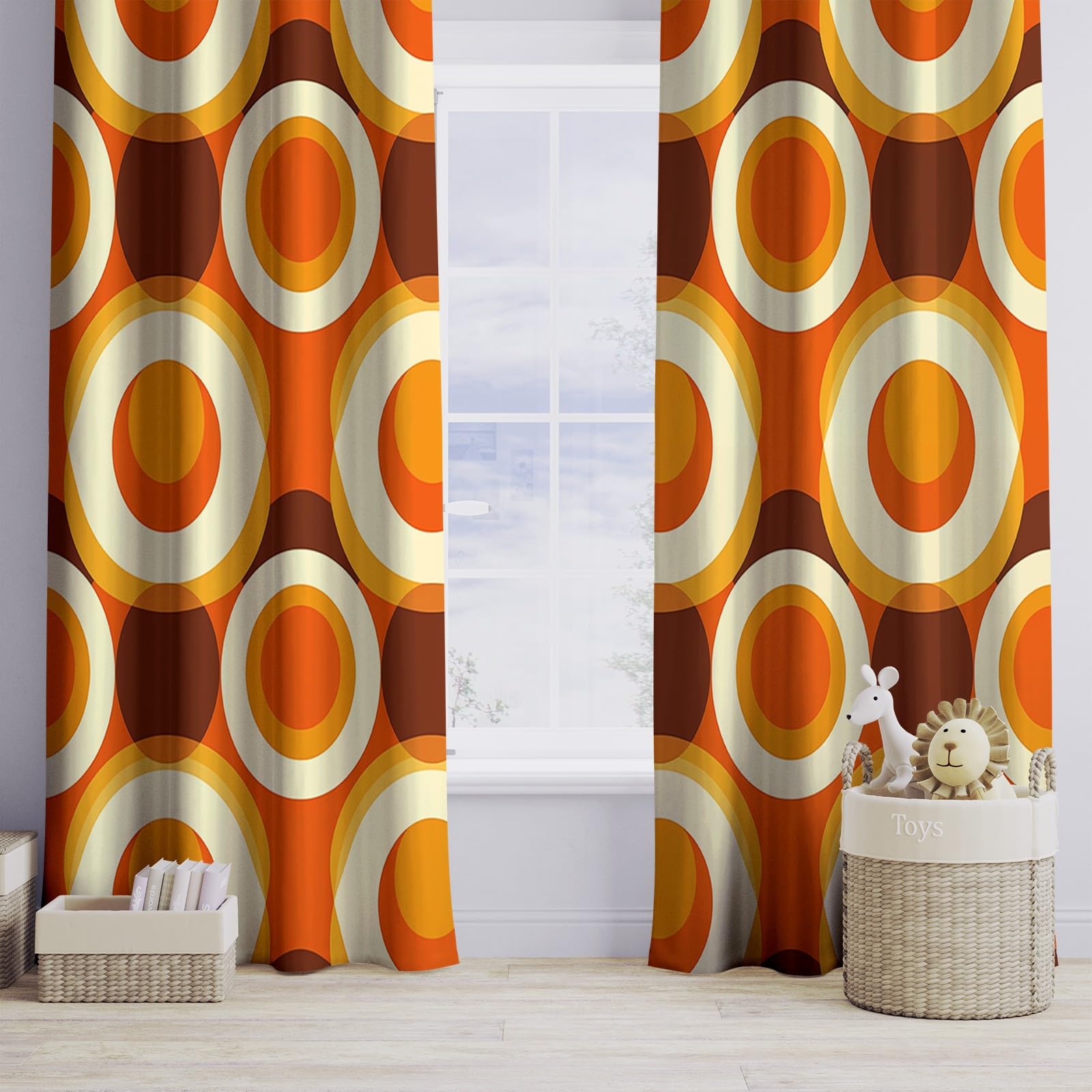 Motif à bulles rétro marron et orange Rideau Occultant - Rideaux Thermique Isolant Anti Froid Anti UV 2 Pièces 91.5 X 214 cm (LxH) Tenture Opaque à Oeillets pour Chambre Salon Cuisine Decoration