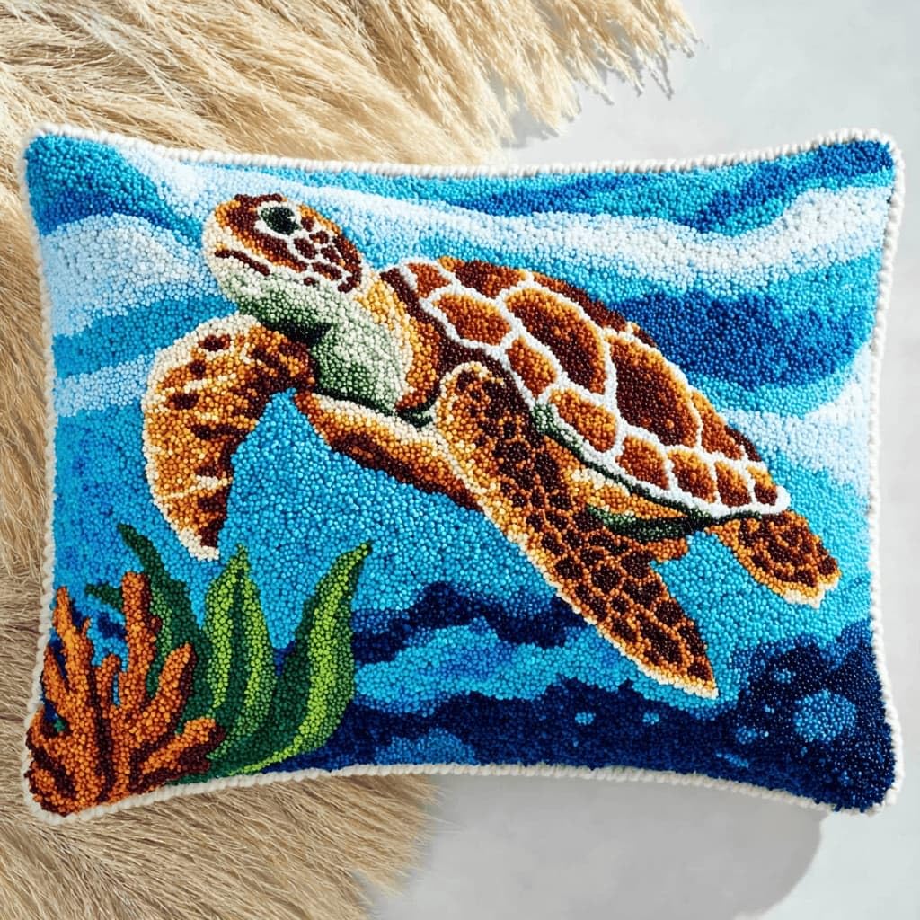 AxiangziK Latch Hook Cushion Kits,Sea Turtle DIY Needlework Pillow Cover Cushion Rug Making Kit,17X17Inch Handmade Embroidery Kits, Decorative Throw Pillow Cover for Sofa Cushions, Bedroom Decor