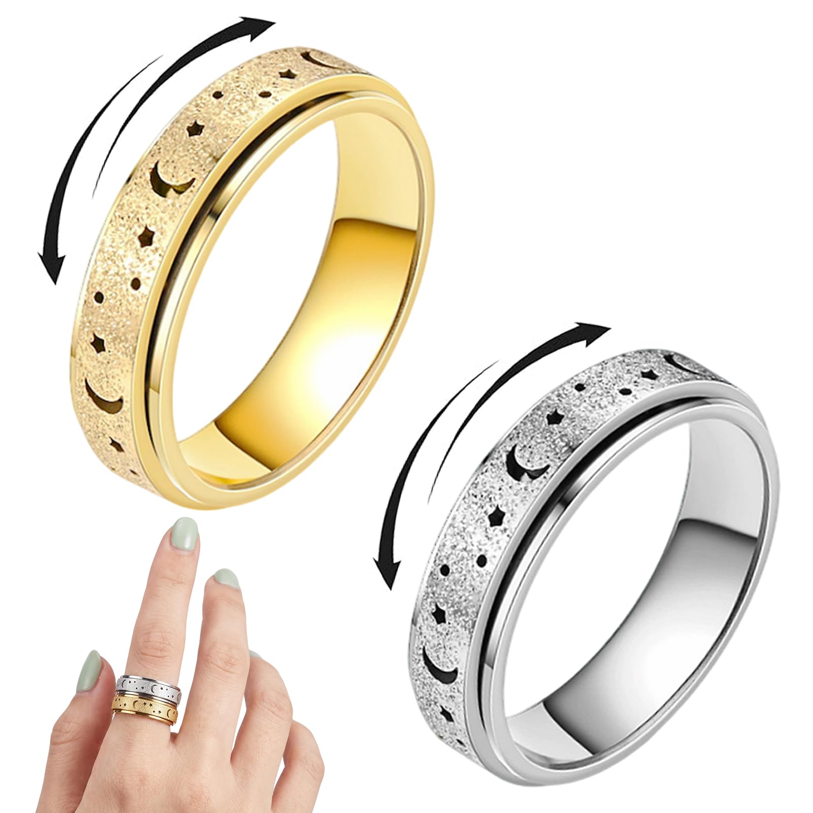 Yuqilin 2Pack Fidget Ring Star Moon Spinning Relief Anxiety Ring