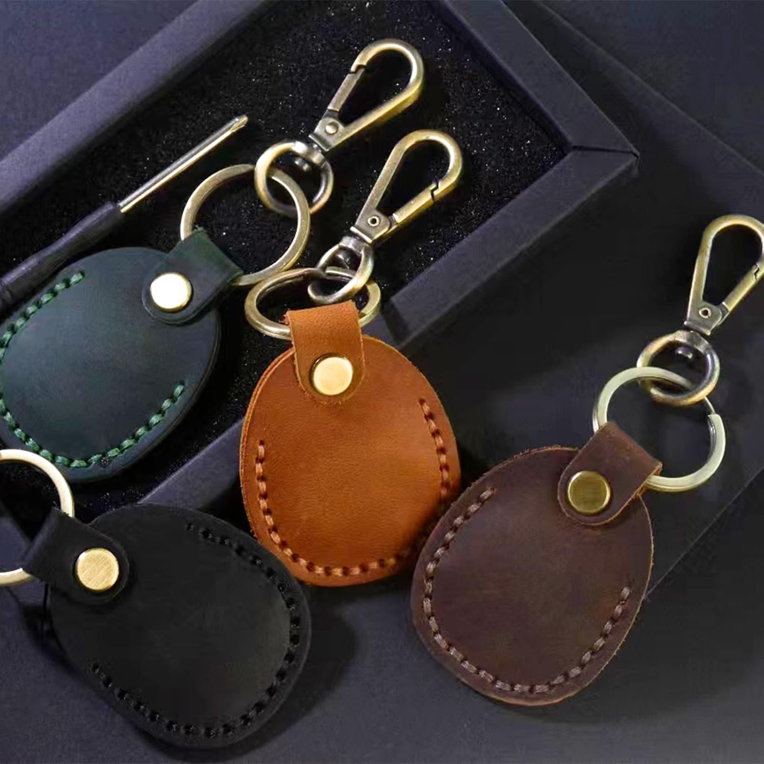 Timyca Genuine Leather 4 Pack for Apple AirTag Holder [Fit Tightly Design] [Easy to Install] [Hold Securely] with Metal Keychain for Kids,Pet,Luggage,Backpack,Keys
